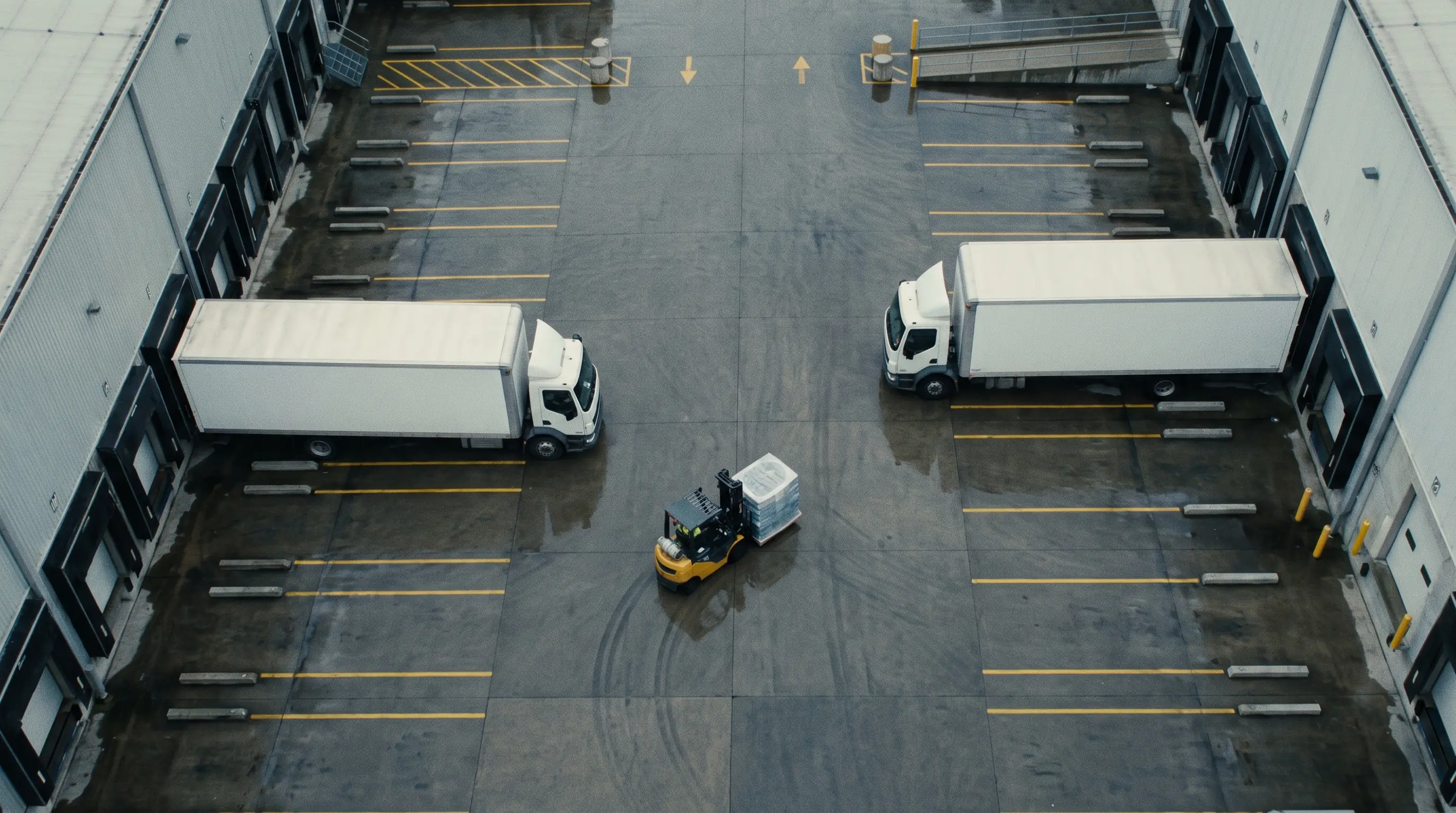 Top-down view of a loading dock at dusk with two trucks and a forklift carrying a wrapped pallet