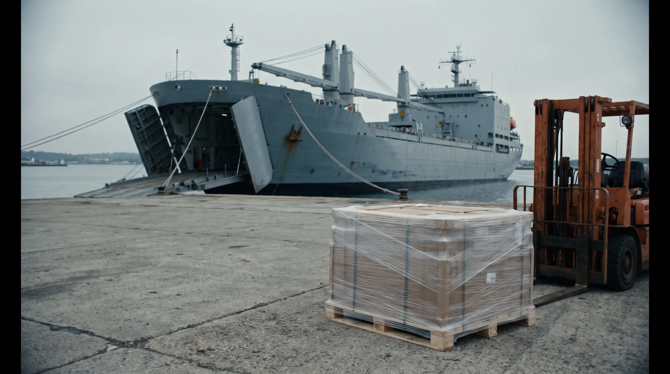 A wrapped pallet on a concrete pier beside a forklift, with a gray logistics support vessel and its lowered ramp behind