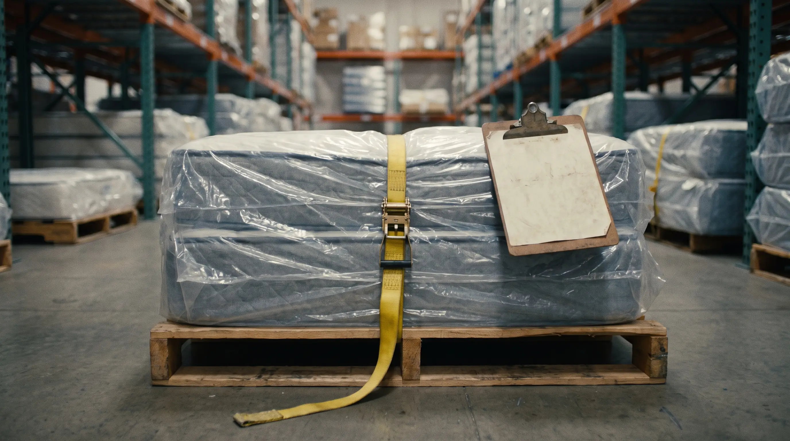 A strapped, plastic-wrapped mattress pallet with a blank clipboard in a manufacturer's warehouse